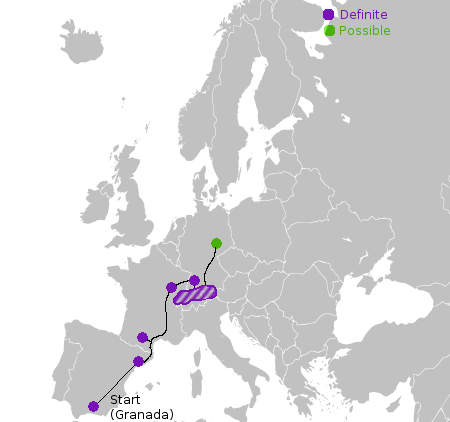 map of Europe with possible routes drawn on